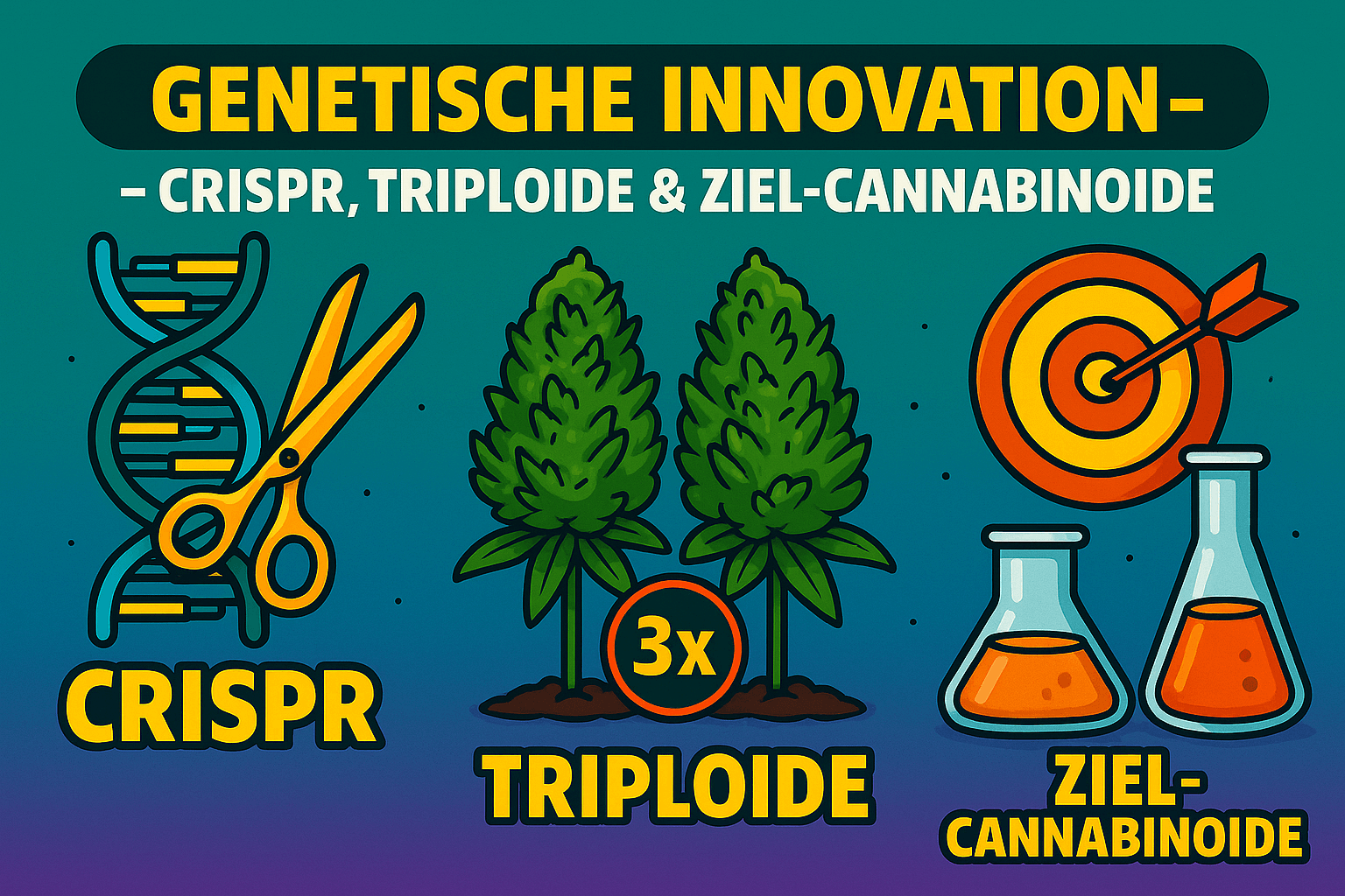 Cannabis-Genetik der Zukunft – CRISPR, Triploide Hybride & synthetische Cannabinoide Infografik: Genetische Innovation bei Cannabis – CRISPR, Triploide, Ziel-Cannabinoide und synthetische Produktion