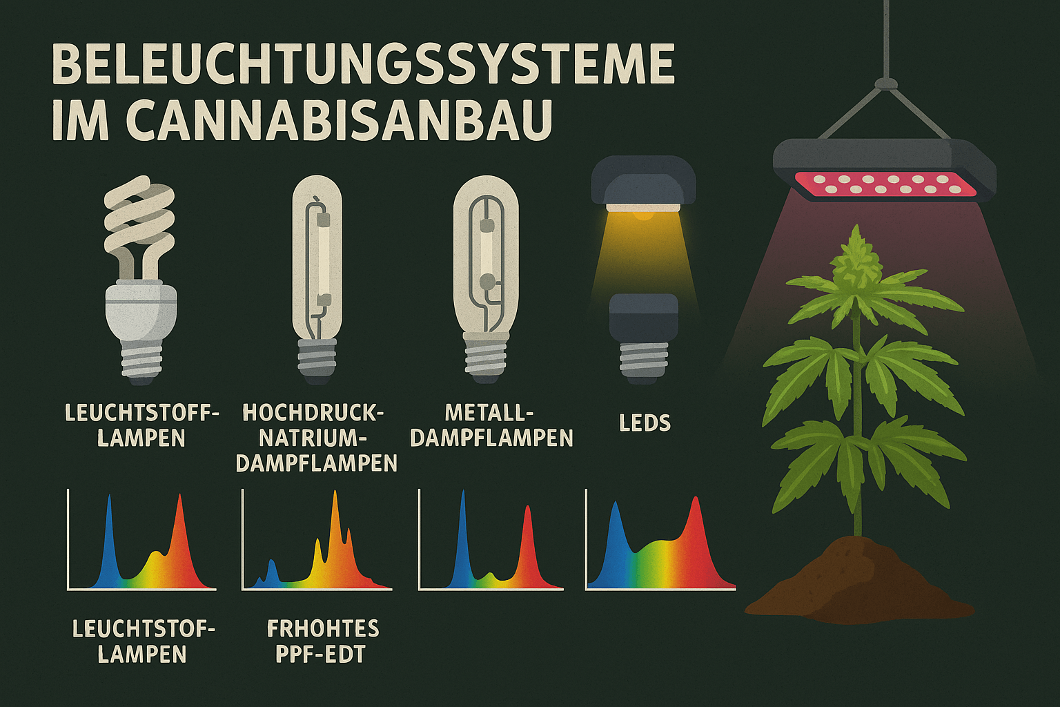 Beleuchtungssysteme im Cannabisanbau – Lampentypen, Spektrum und Effekte auf das Pflanzenwachstum Vergleich von Beleuchtungssystemen im Cannabisanbau: CFL, HPS, MH und LED mit Spektrum und Lichtwirkung