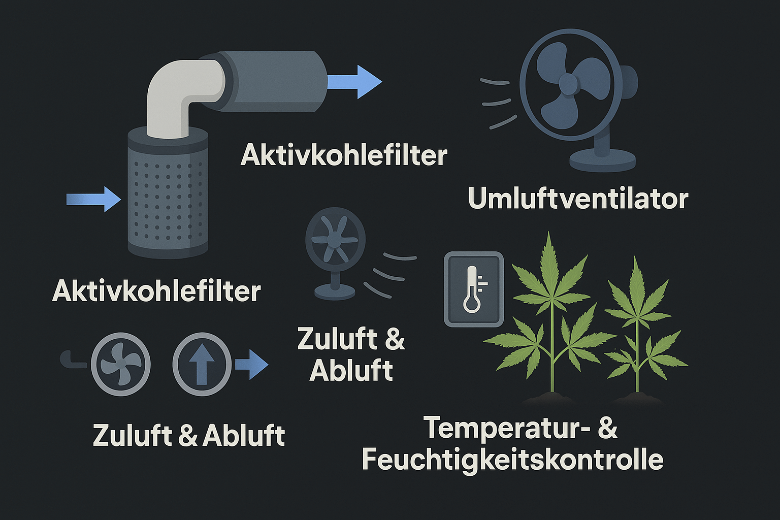 Belüftungssysteme im Cannabisanbau – Überblick über zentrale Komponenten für gesunde Pflanzen Infografik: Belüftungssysteme im Cannabisanbau – Aktivkohlefilter, Umluftventilator, Zuluft, Abluft, Temperatur und Feuchtigkeit