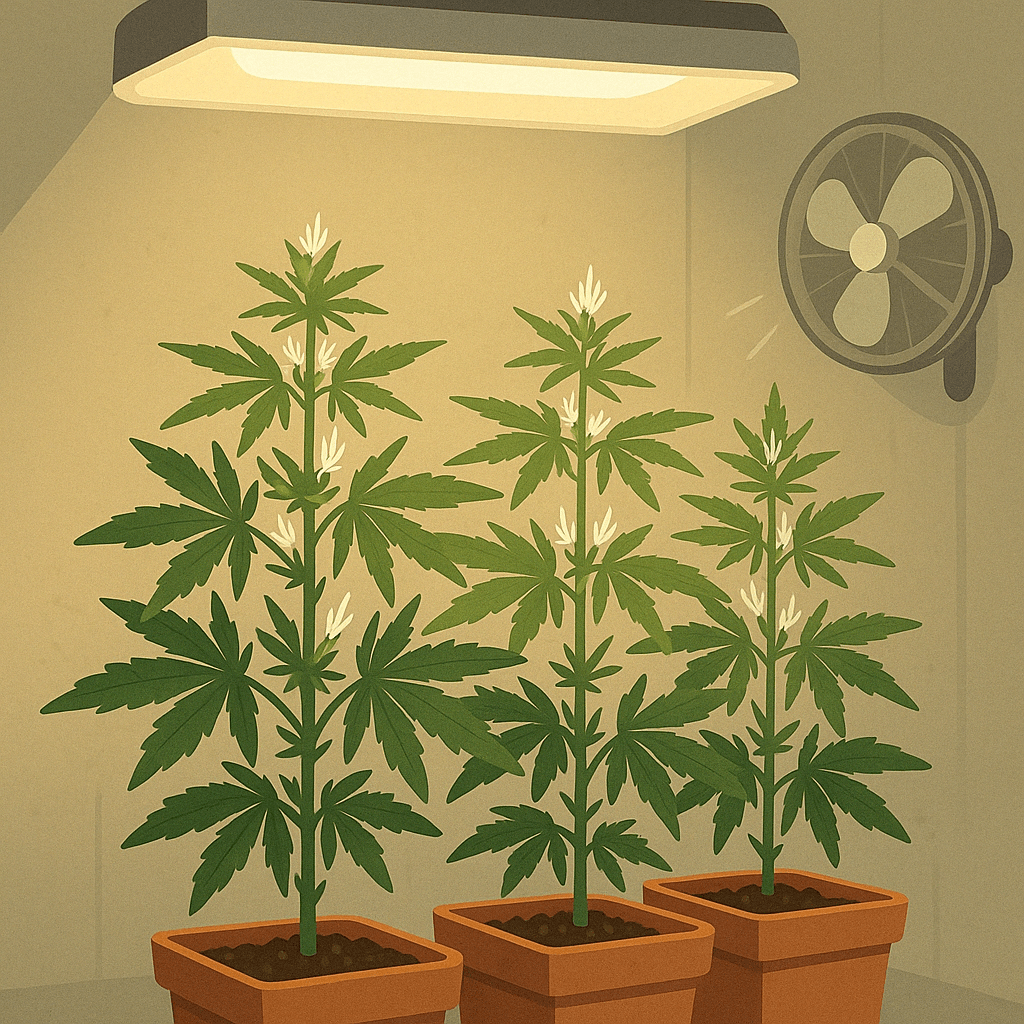 Beginn der Blütephase im Cannabisanbau – Licht, Bewässerung, Nährstoffe und Pflege Illustration der Blütephase im Cannabisanbau mit typischer Lichtfarbe, sichtbaren Blüten und angepasster Luftfeuchtigkeit