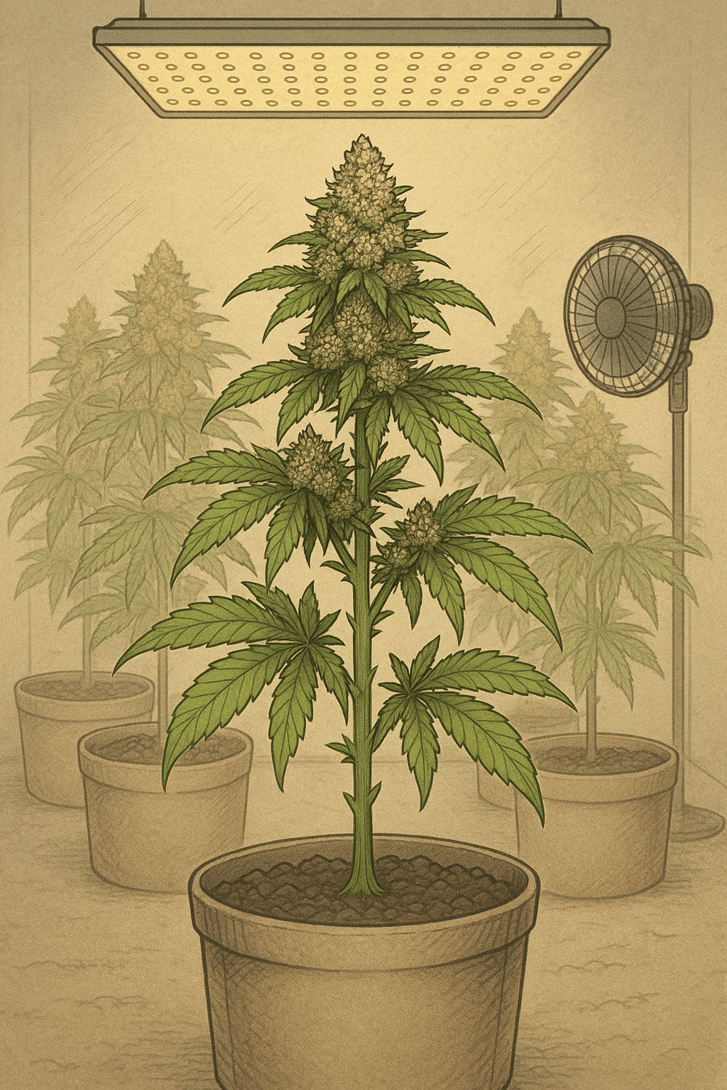 Mitte bis Ende der Blütephase im Cannabisanbau – optimale Bedingungen für Reifung und Erntevorbereitung Illustration einer blühenden Cannabispflanze unter LED-Licht mit Ventilation in der späten Blütephase
