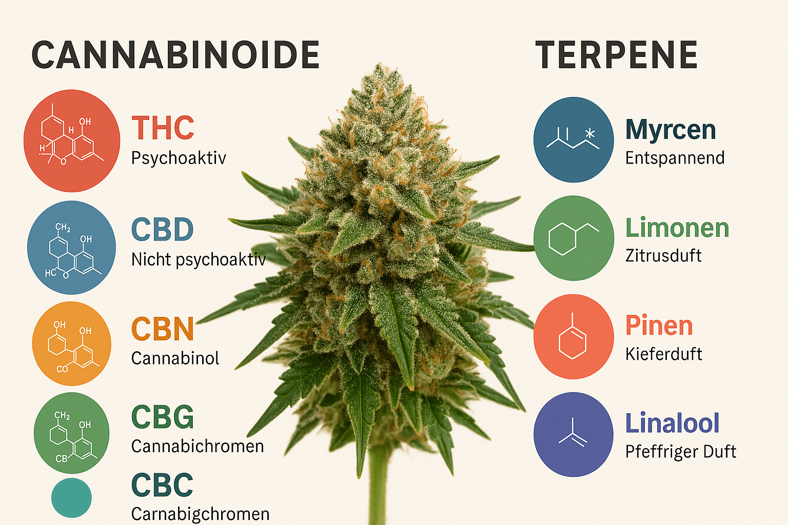 Cannabinoide und Terpene: Unterschiede und Wirkung in Cannabis-Sorten Infografik zu Cannabinoiden und Terpenen – THC, CBD, Myrcen, Limonen & Co.