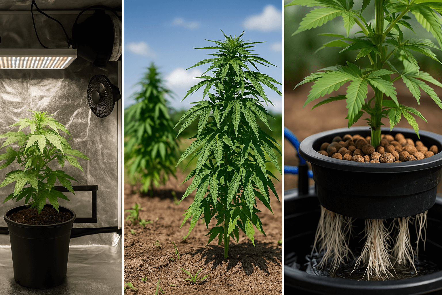 Cannabis Anbauarten im Vergleich – Indoor, Outdoor und Hydroponik visuell dargestellt Vergleich von Anbauarten: Indoor mit Erde, Outdoor-Anbau und Hydroponik-System im Bild gegenübergestellt