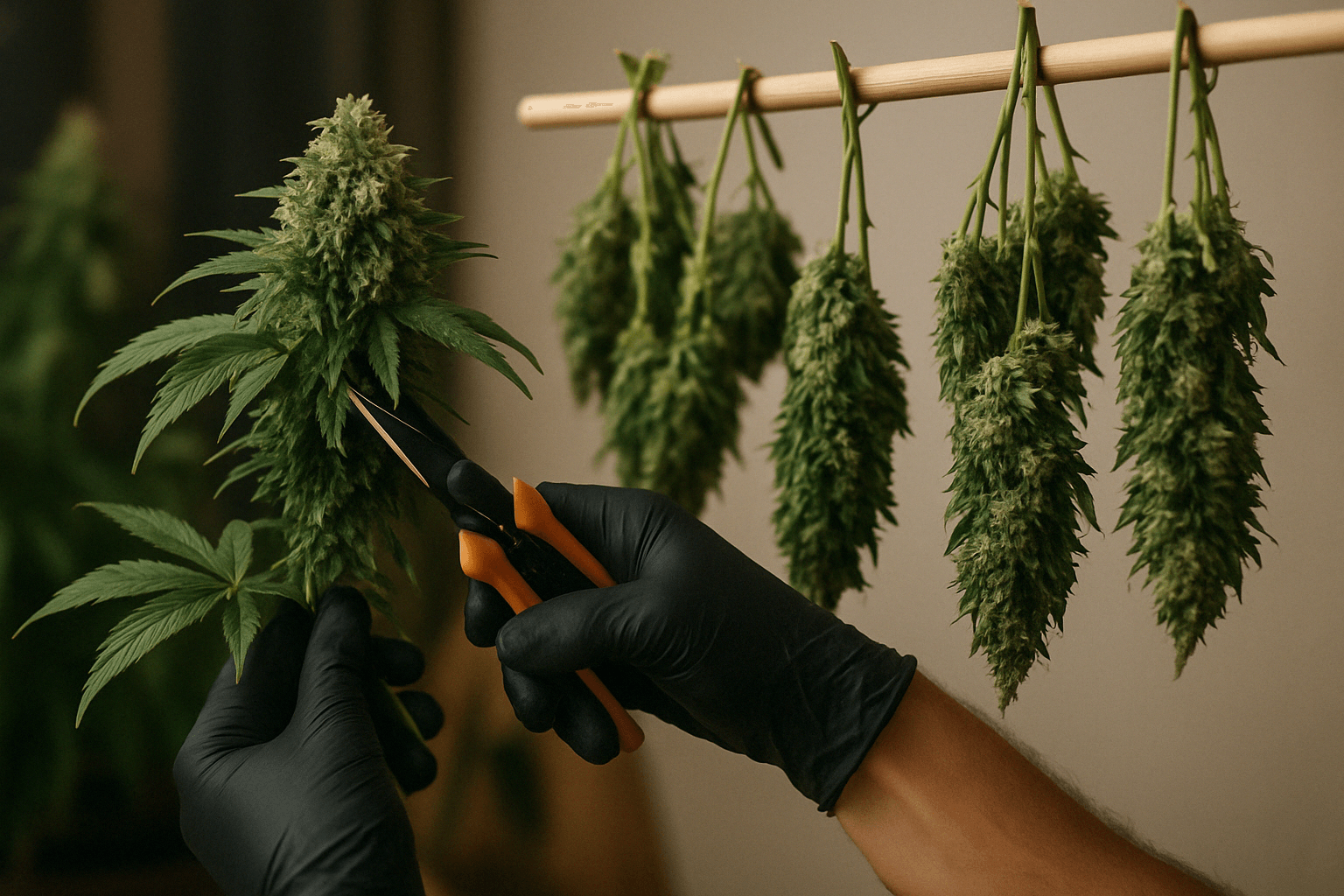 Cannabisernte – Blüten abschneiden und aufhängen zum Trocknen Fotorealistische Darstellung der Ernte reifer Cannabispflanzen – mit abgeschnittenen Ästen, Aufhängung zum Trocknen und Erntewerkzeugen