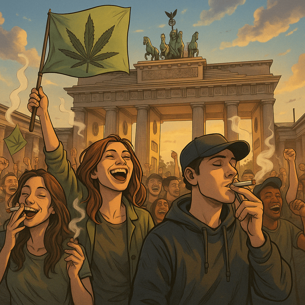 Legaler Cannabis-Anbau in Deutschland – Feierliche Szene am Brandenburger Tor Comicartige Szene: Menschen feiern legale Cannabisfreigabe am Brandenburger Tor in Berlin, rauchen Joints in entspannter Atmosphäre