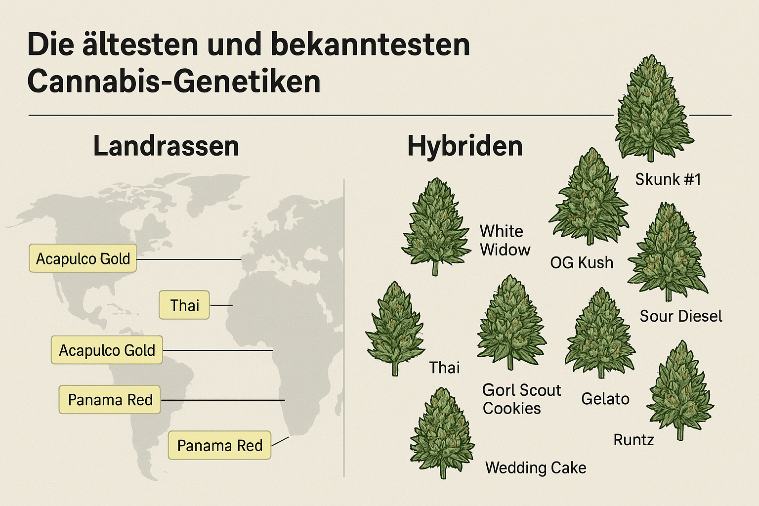 Die ältesten und bekanntesten Cannabis-Genetiken – Landrassen & Hybride im Überblick Infografik: Die ältesten und bekanntesten Cannabis-Genetiken – Landrassen und Hybride