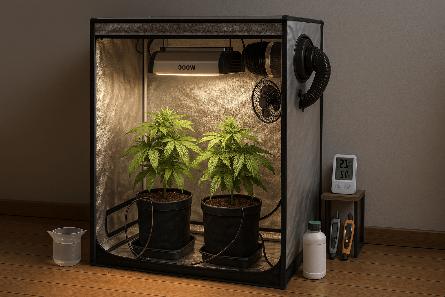 Cannabis Anbau: Komplettsystem für Einsteiger mit Growbox, Licht und Zubehör Komplettsystem für Einsteiger im Cannabis Indoor-Anbau mit Growbox, LED und Bewässerung