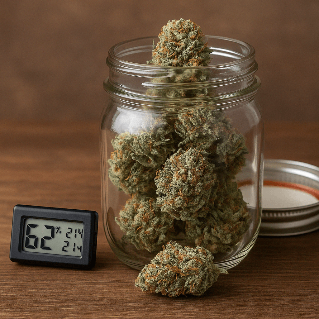 Curing & Lagerung von Cannabisblüten – optimale Bedingungen im Glas Cannabisblüten beim Curing und Lagern in einem Einmachglas mit Hygrometer