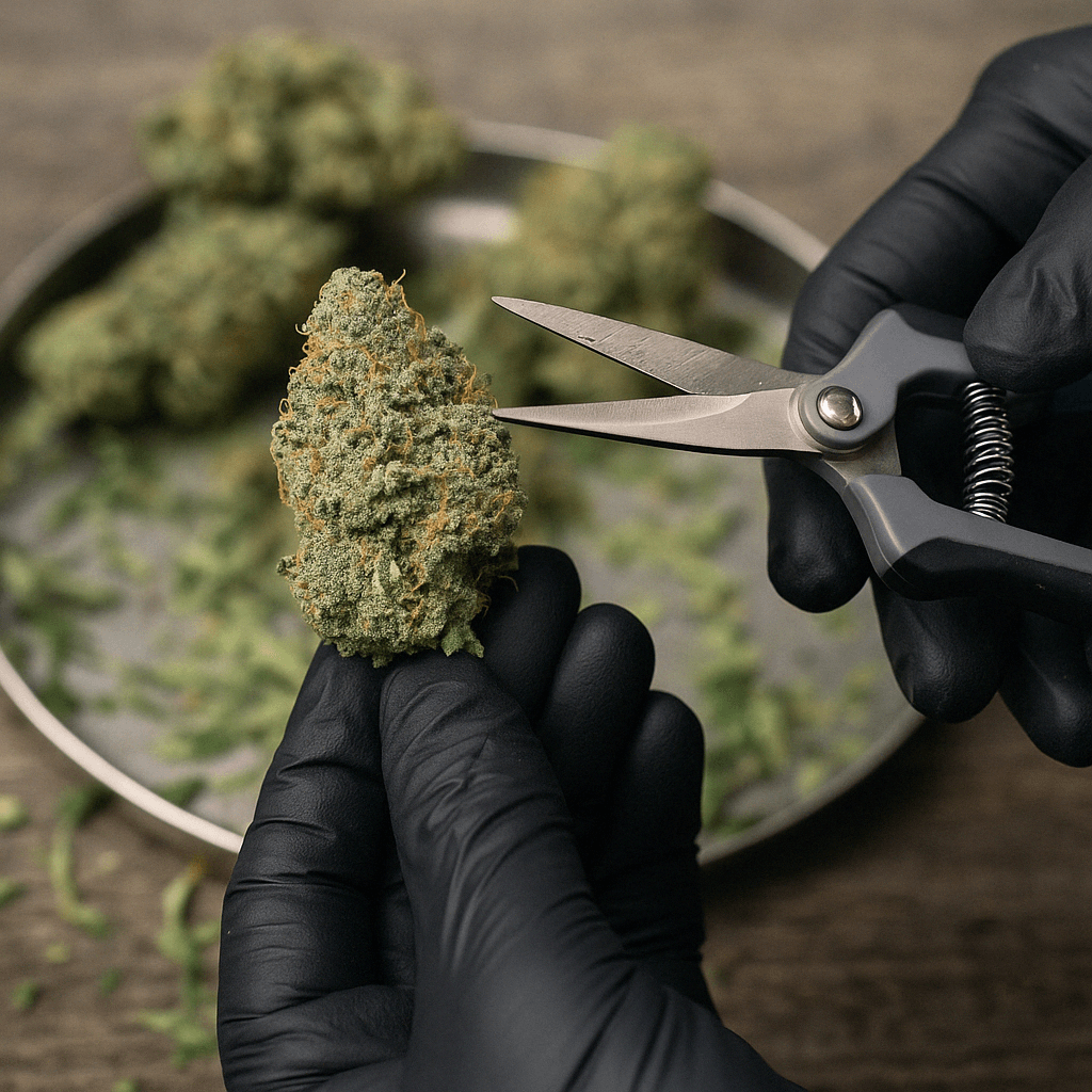 Cannabisblüten trimmen nach der Trocknung – sorgfältige Verarbeitung für beste Qualität Trimmen von Cannabisblüten nach der Trocknung mit Fokus auf Detailarbeit und saubere Schnittführung