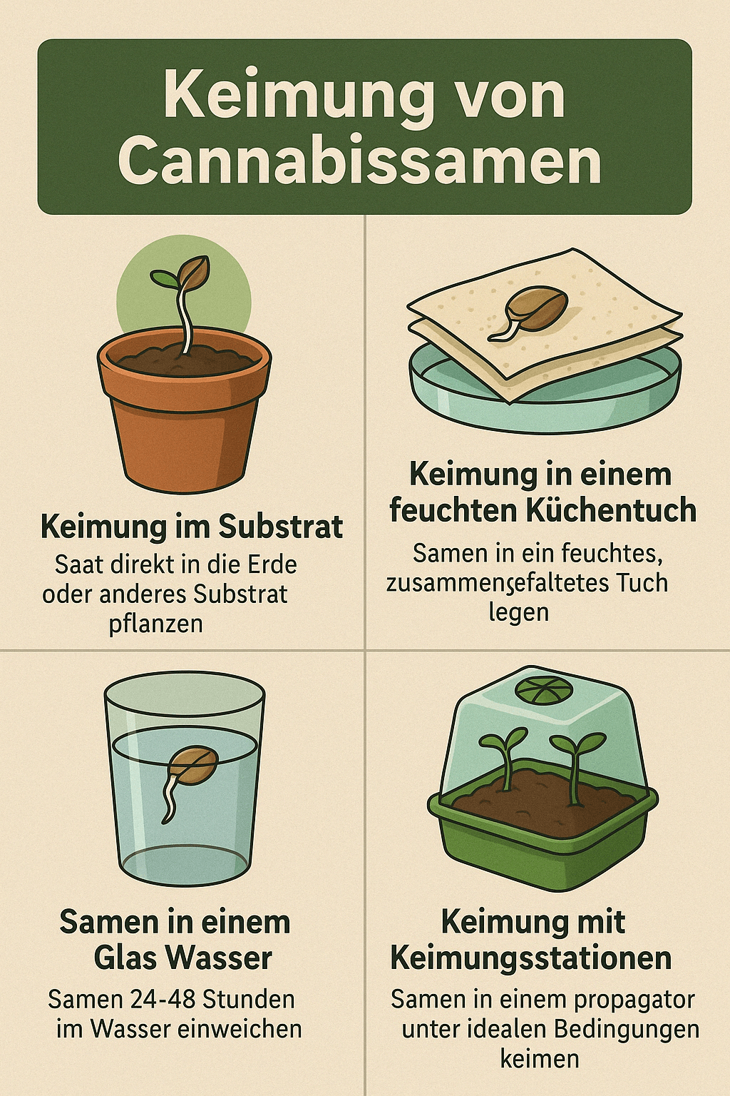 Keimungsmethoden für Cannabissamen – Überblick über die vier gängigsten Techniken für Anfänger Infografik zeigt vier Methoden zur Keimung von Cannabissamen: Erde, feuchtes Papiertuch, Wasserglas und Keimstation – neutral und sachlich illustriert