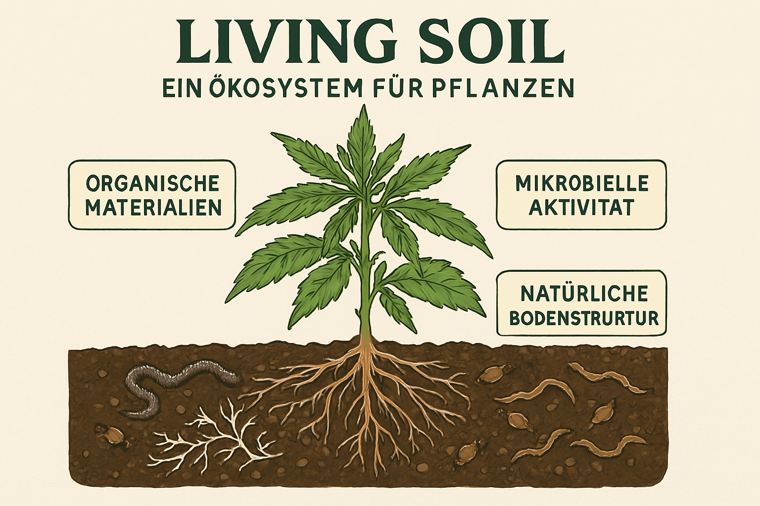 Living Soil: Ein Ökosystem für gesunde Pflanzen mit natürlicher Nährstoffversorgung Living Soil – Darstellung eines lebendigen Bodenökosystems mit Wurzeln, Mikroorganismen und gesunder Cannabispflanze