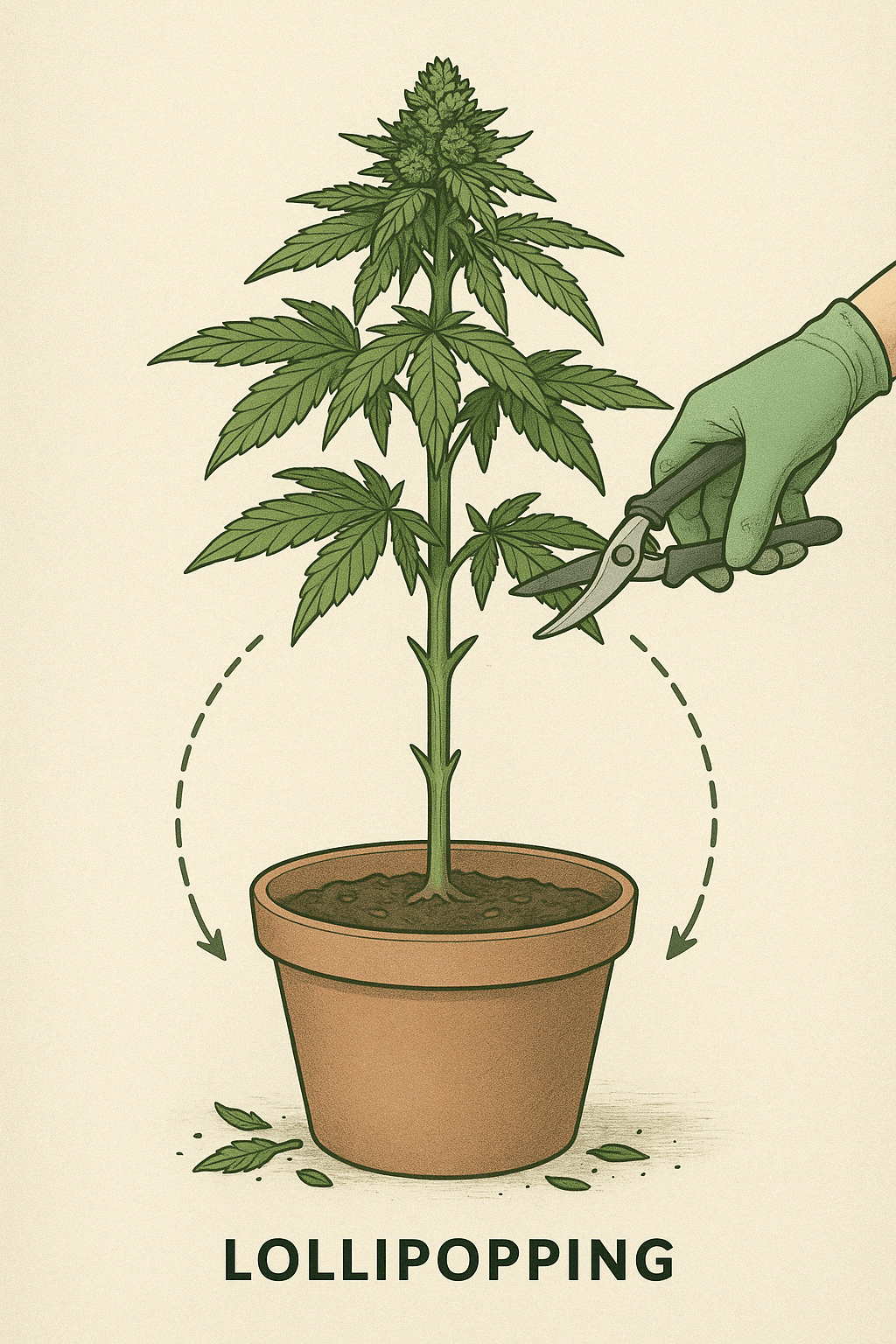 Lollipopping von Cannabispflanzen – Entfernen der unteren Zweige zur Konzentration auf obere Blütenbereiche Lollipopping von Cannabispflanzen – Entfernen der unteren Zweige zur Konzentration auf obere Blütenbereiche