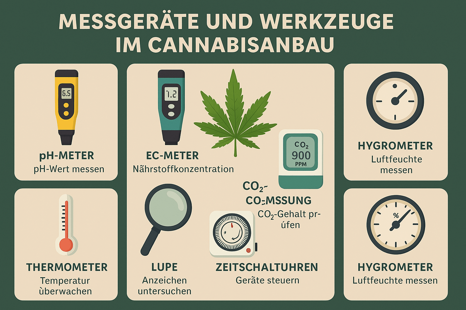 Messgeräte und Werkzeuge im Cannabisanbau – Übersicht zur optimalen Kontrolle und Pflege Infografik: Messgeräte und Werkzeuge für den Cannabisanbau – pH-Meter, EC-Meter, Thermometer, CO2-Messung, Lupen, Zeitschaltuhren, Hygrometer