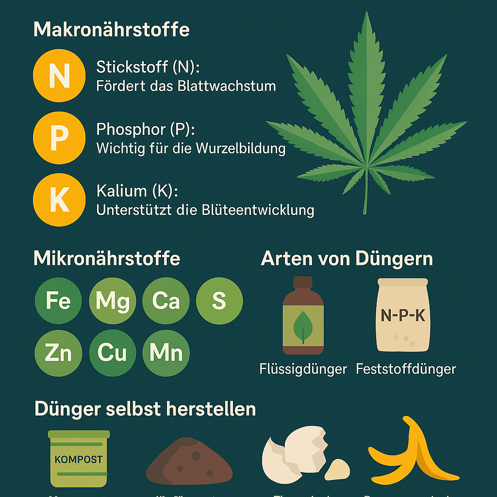 Nährstoffe für Cannabispflanzen – NPK, Mikronährstoffe und Düngemethoden im Überblick Infografik: Nährstoffe für Cannabispflanzen – Makro- und Mikronährstoffe, Düngertypen und DIY-Düngerquellen