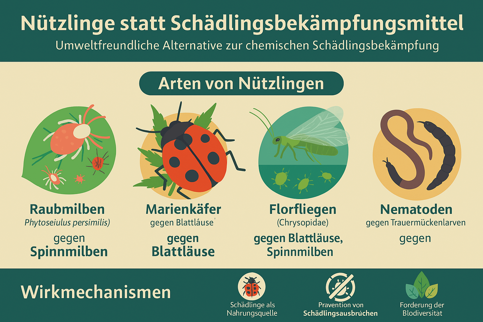 Nützlinge statt Schädlingsbekämpfungsmittel – Umweltfreundliche Methoden zur Schädlingskontrolle im Cannabisanbau Infografik: Nützlinge im Cannabisanbau – Raubmilben, Marienkäfer, Florfliegen und Nematoden als biologische Schädlingsbekämpfung