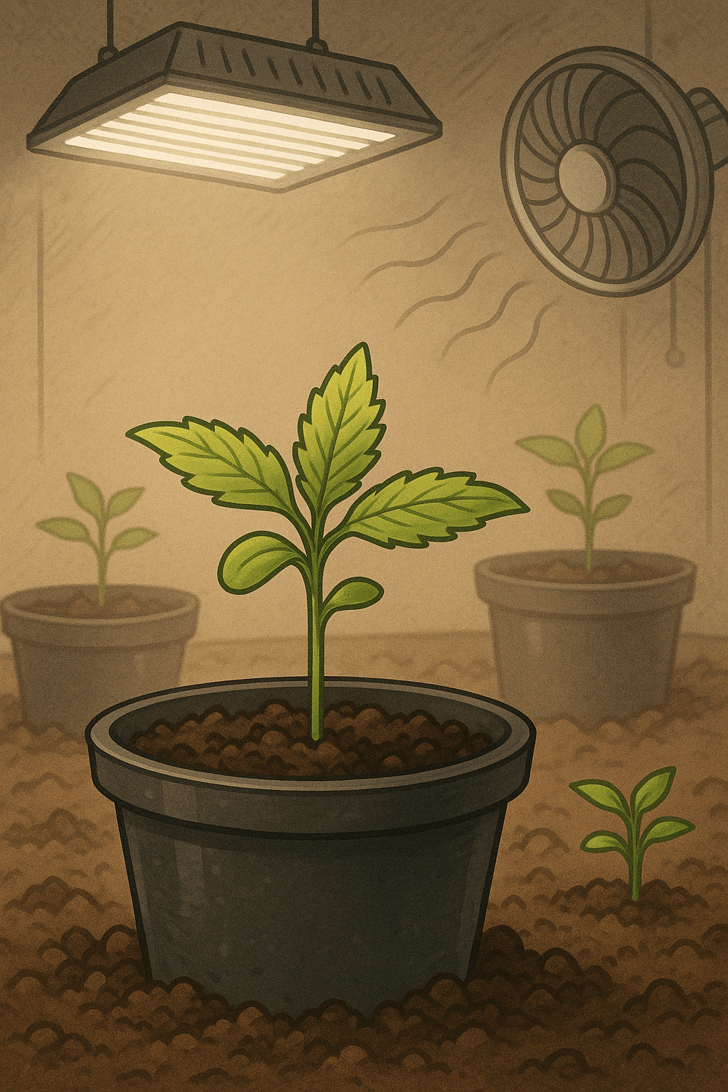 Sämlingsphase von Cannabispflanzen – junge Pflanzen in der Indoor-Aufzucht Illustration der Sämlingsphase in der Indoor-Pflanzenanzucht mit kleinen grünen Setzlingen in Anzuchttöpfen unter Licht