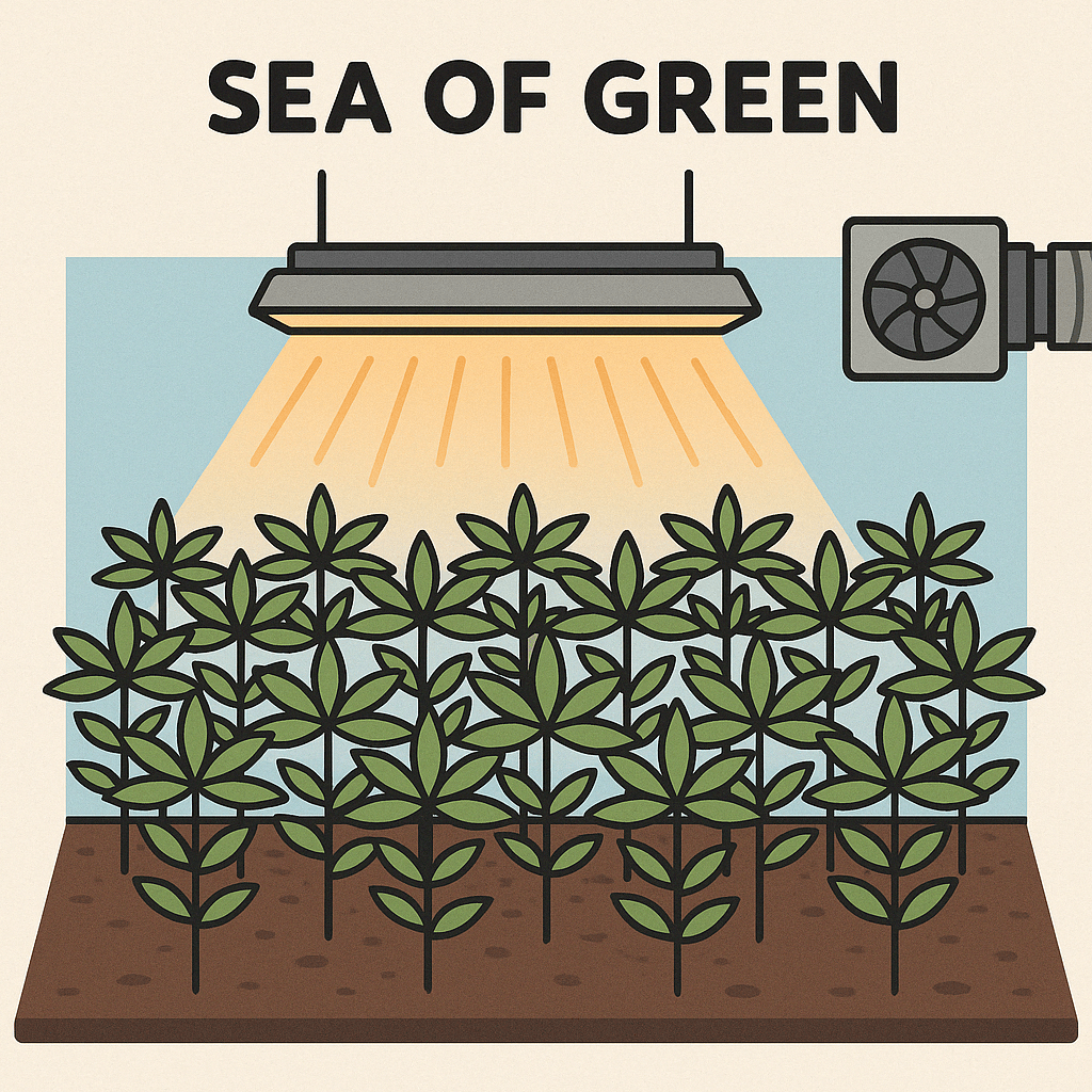 Sea of Green – effiziente Indoor-Methode mit vielen kleinen Pflanzen Sea of Green Anbaumethode mit vielen kleinen Pflanzen unter künstlicher Beleuchtung