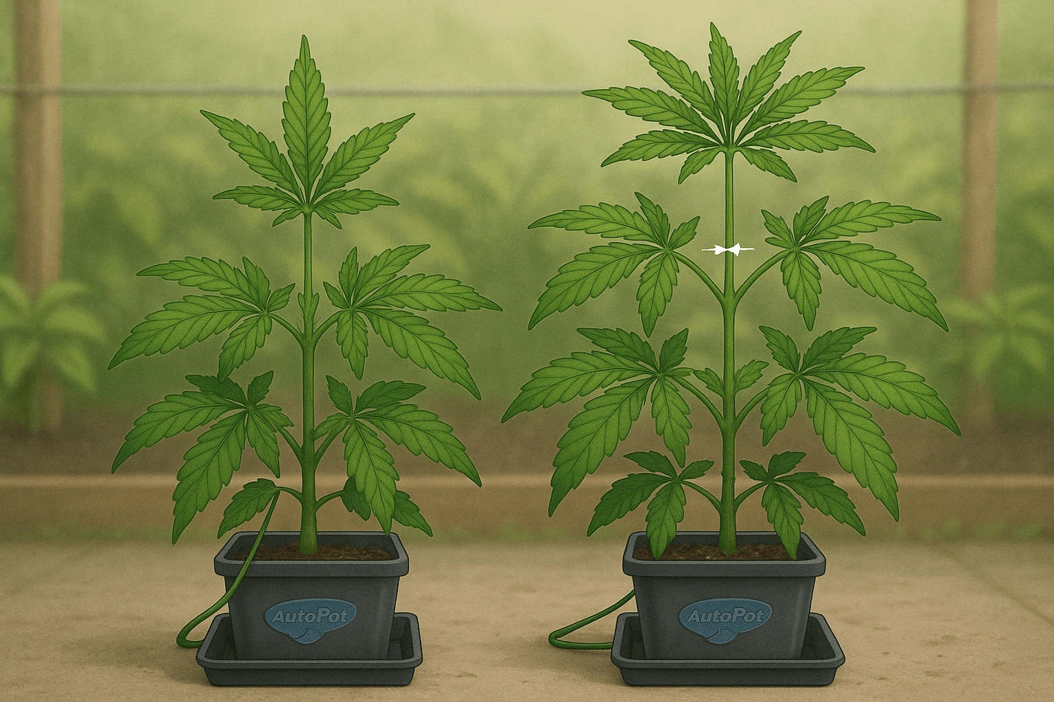 Topping von Cannabispflanzen – Technik, Vorteile und Anleitung Illustration zum Topping von Cannabispflanzen mit Schnitttechnik und mehreren Triebspitzen