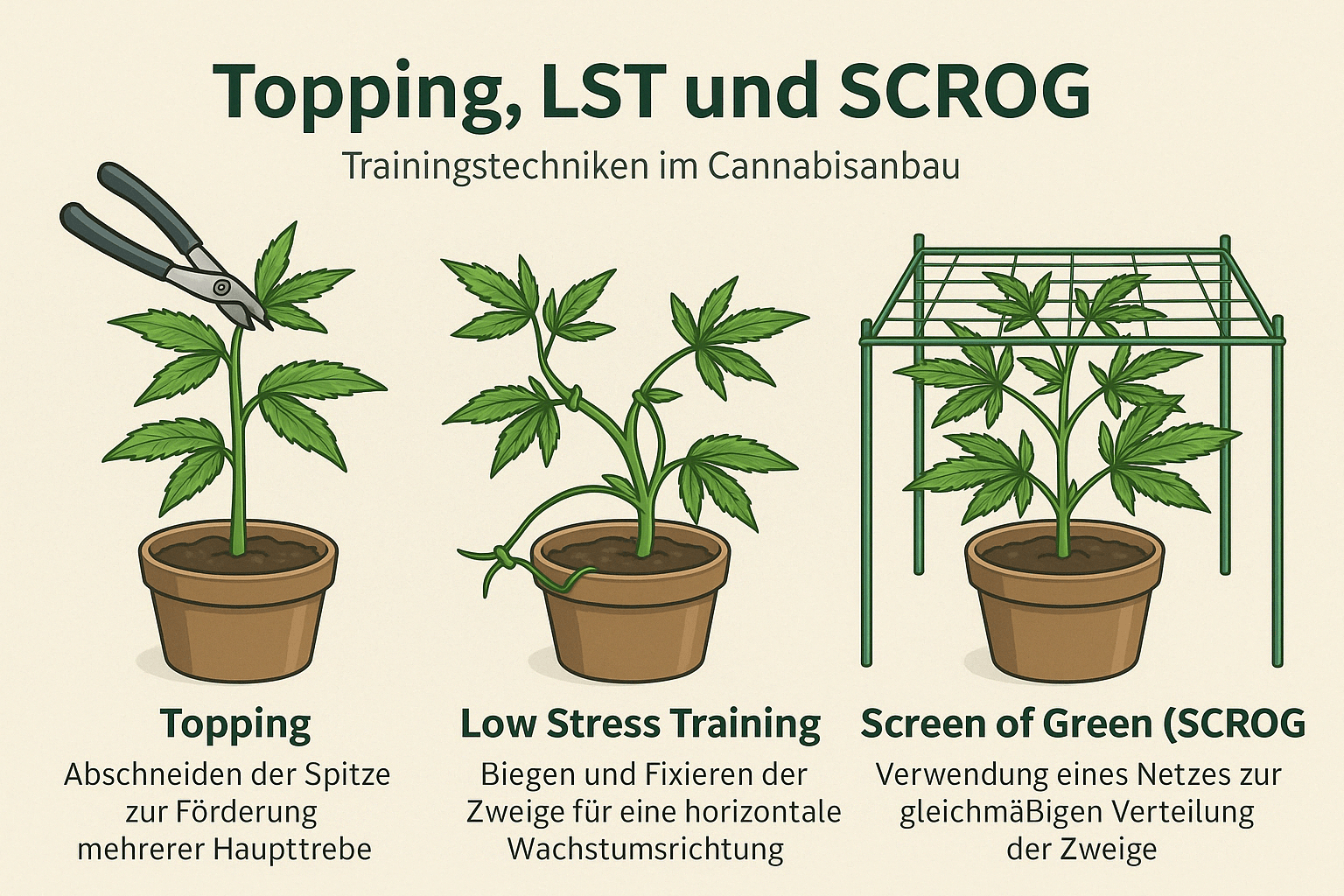 Topping, Low Stress Training und SCROG – Trainingsmethoden für Cannabispflanzen einfach erklärt Infografik über Topping, LST und SCROG im Cannabisanbau mit erklärenden Illustrationen