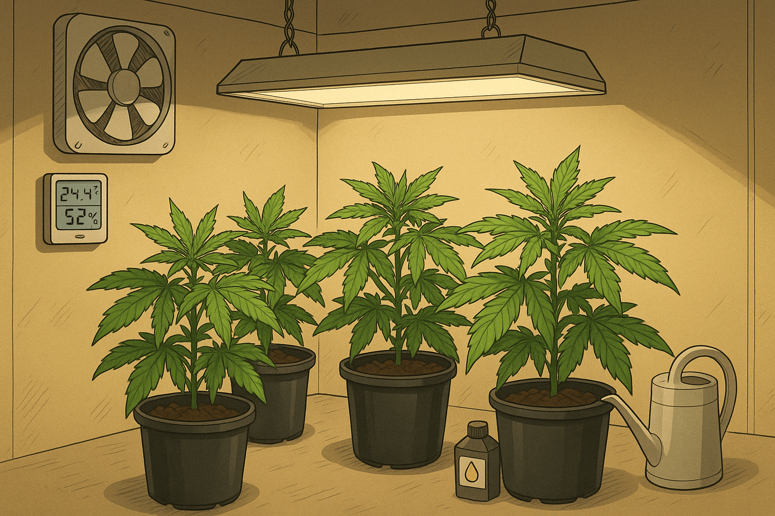 Vegetative Phase im Cannabisanbau – optimale Bedingungen, Licht und Pflanzentraining Illustration der vegetativen Phase im Cannabisanbau mit gesunden Pflanzen, Licht, Ventilation und Trainingsmethoden