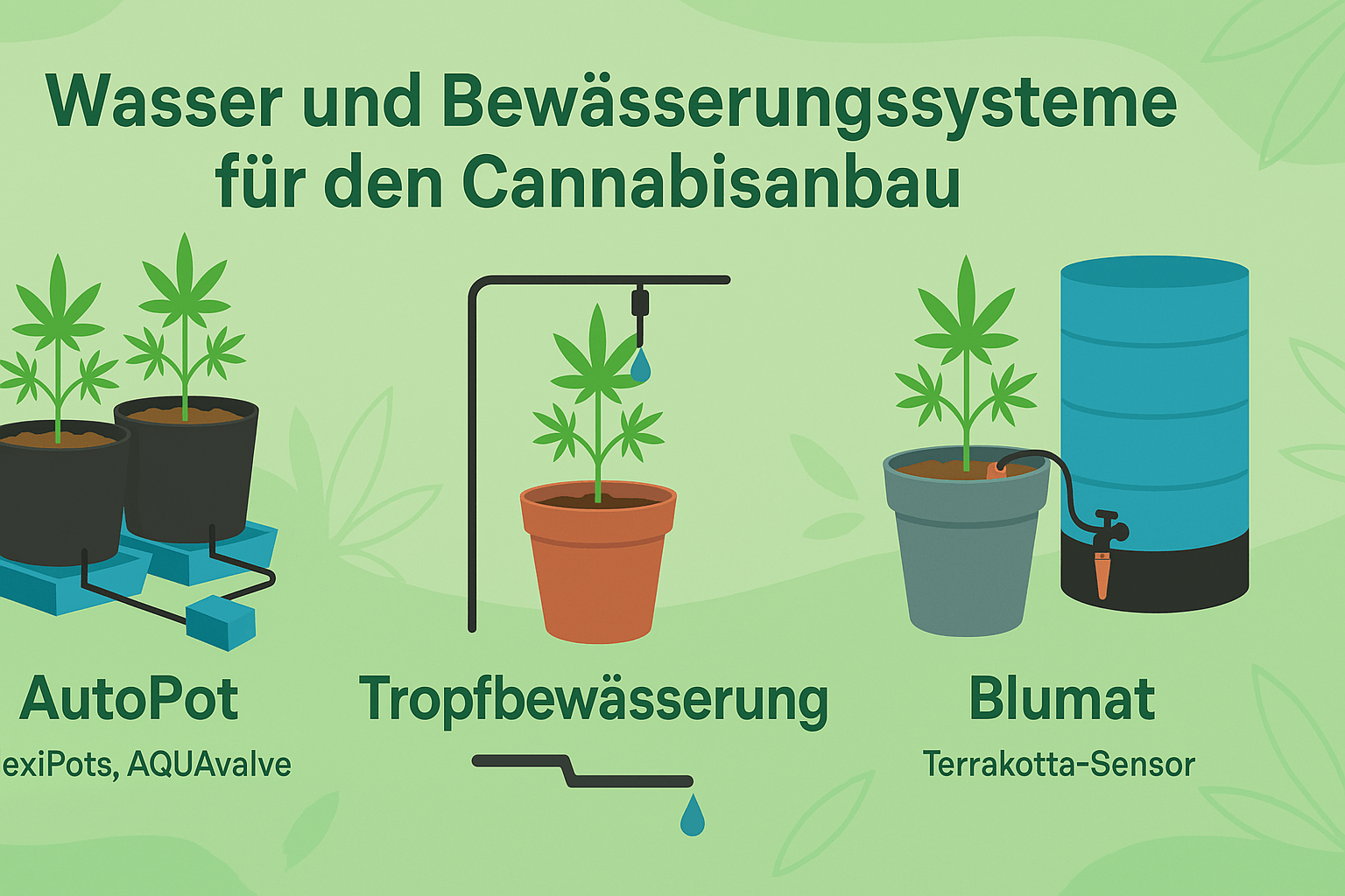 Wasser- und Bewässerungssysteme für den Cannabisanbau – AutoPot, Tropfbewässerung und Blumat im Vergleich Infografik zu Wasser- und Bewässerungssystemen im Cannabisanbau: AutoPot, Tropfbewässerung und Blumat